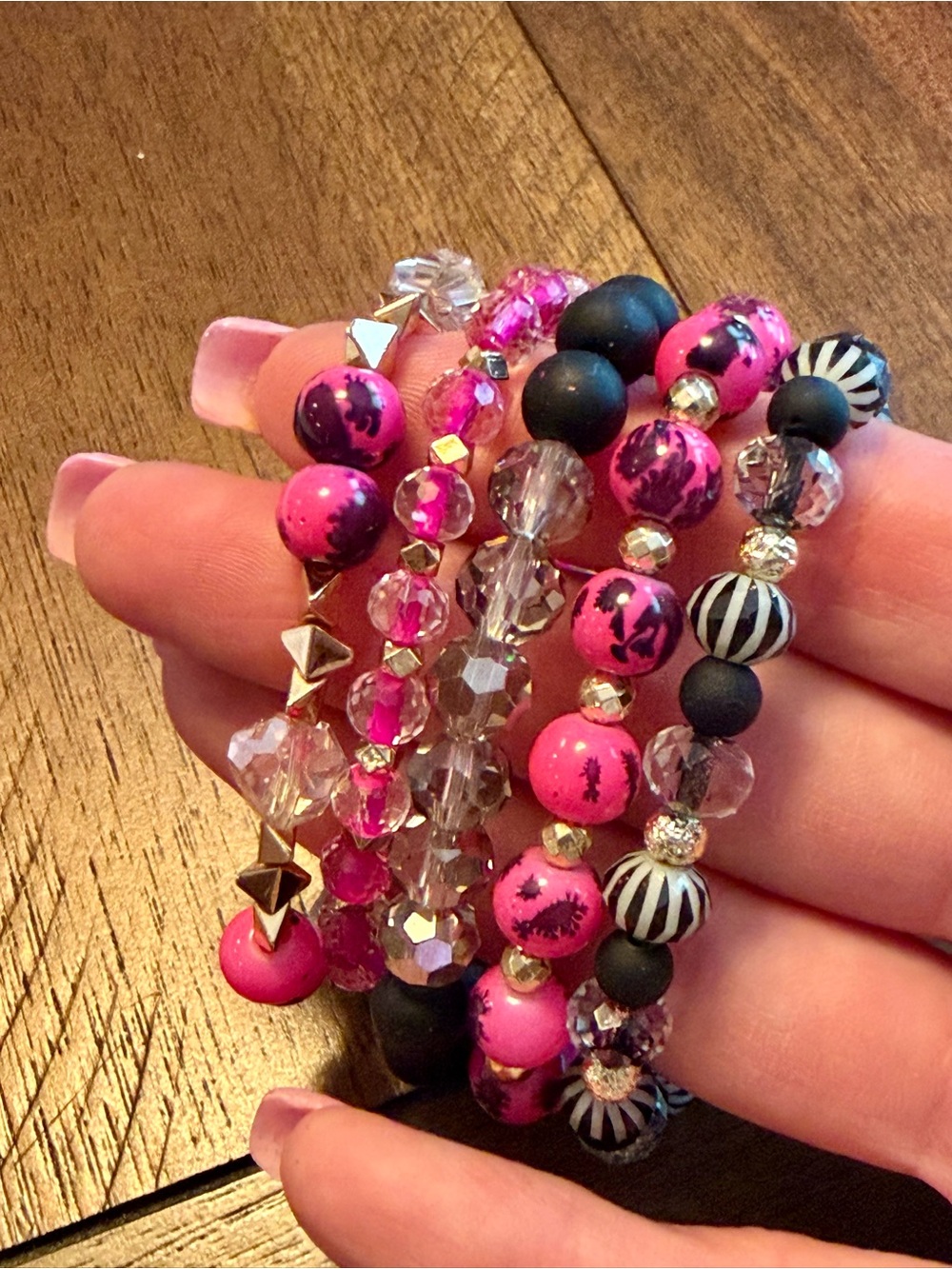 Stackable Pink and Black Beaded Erimish Bracelet Set